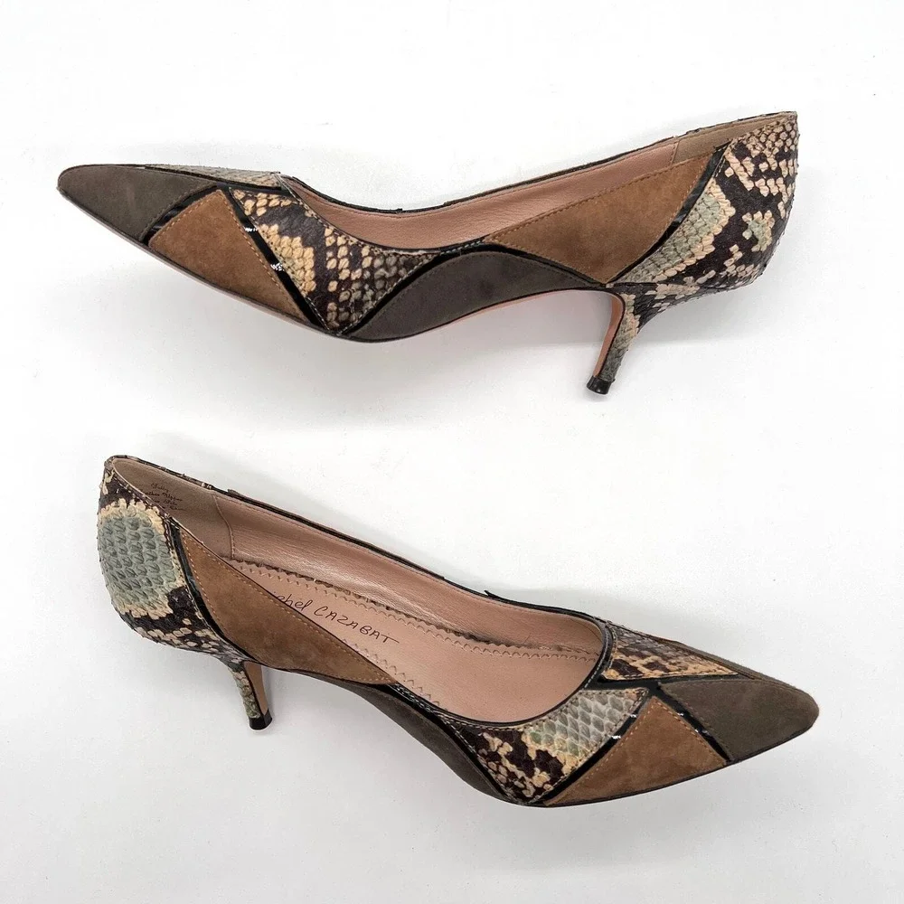 JEAN-MICHEL CAZABAT Pointy Toe Pumps 37 Brown Patchwork Snakeskin Suede Heel
